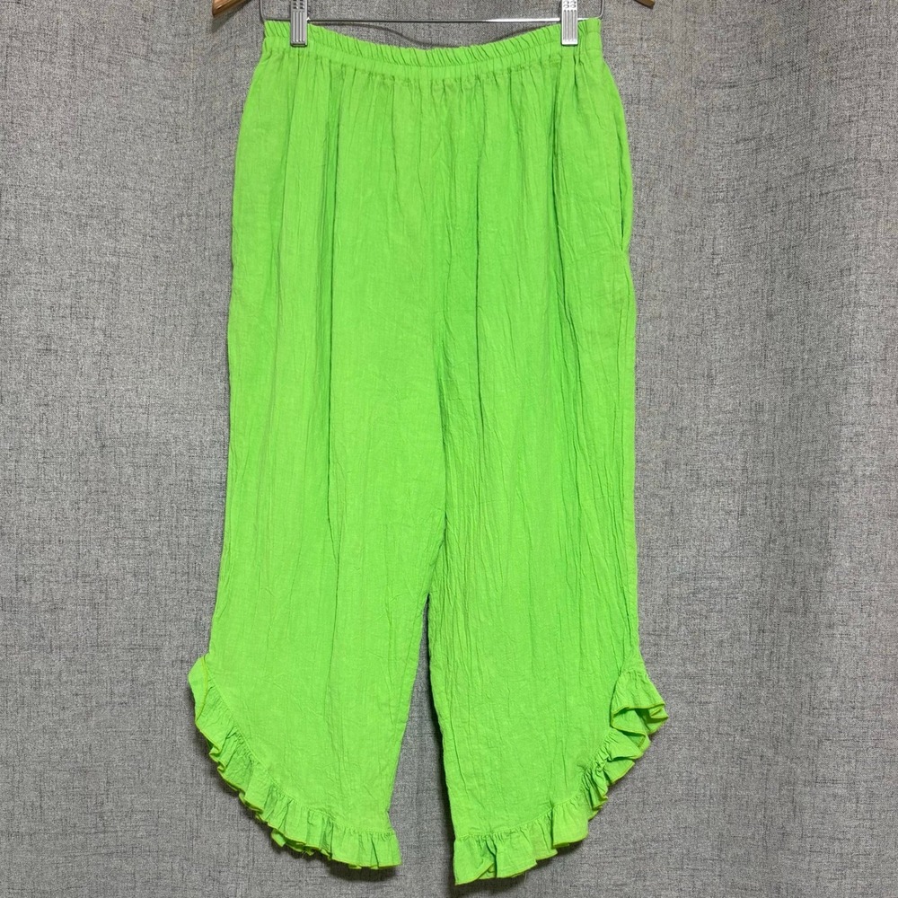 Alfredos Wife Pant Set Women Small Smocked Waist Ruffle Hem Capri Pants Green - Picture 4 of 13